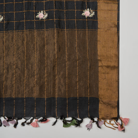 Black Tussar Silk Kurta Set with Resham & Zari Embroidery