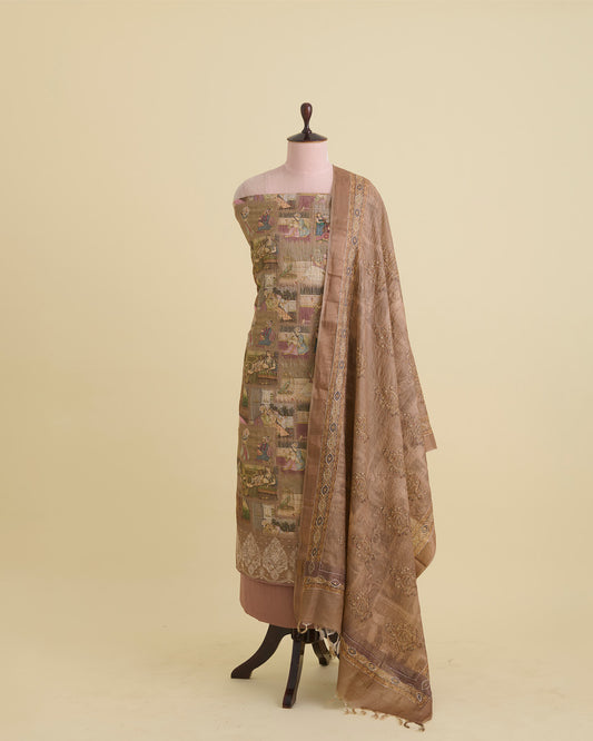 Beige Tussar Silk Printed Kurta Set with Zari & Sequin Highlights
