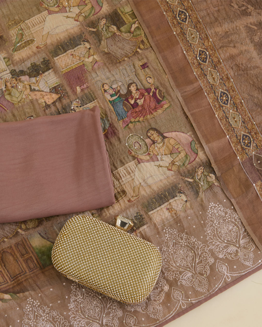 Beige Tussar Silk Printed Kurta Set with Zari & Sequin Highlights