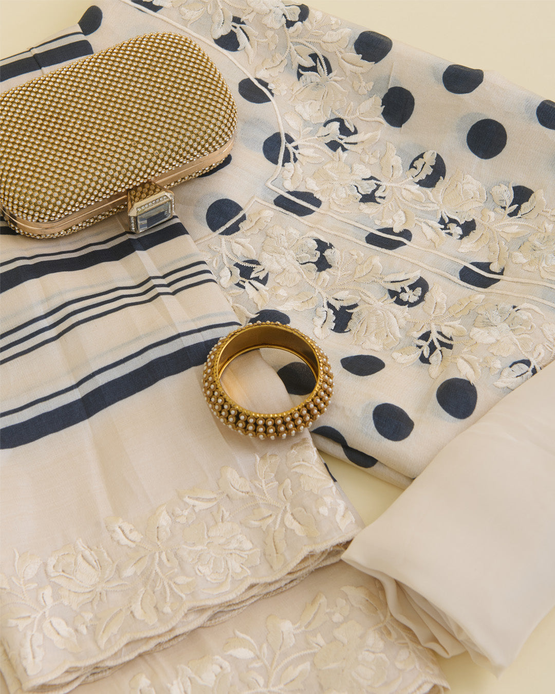 Polka Doted Printed Kurta with Parsi Work Embroidery Cream & Black Suit Piece