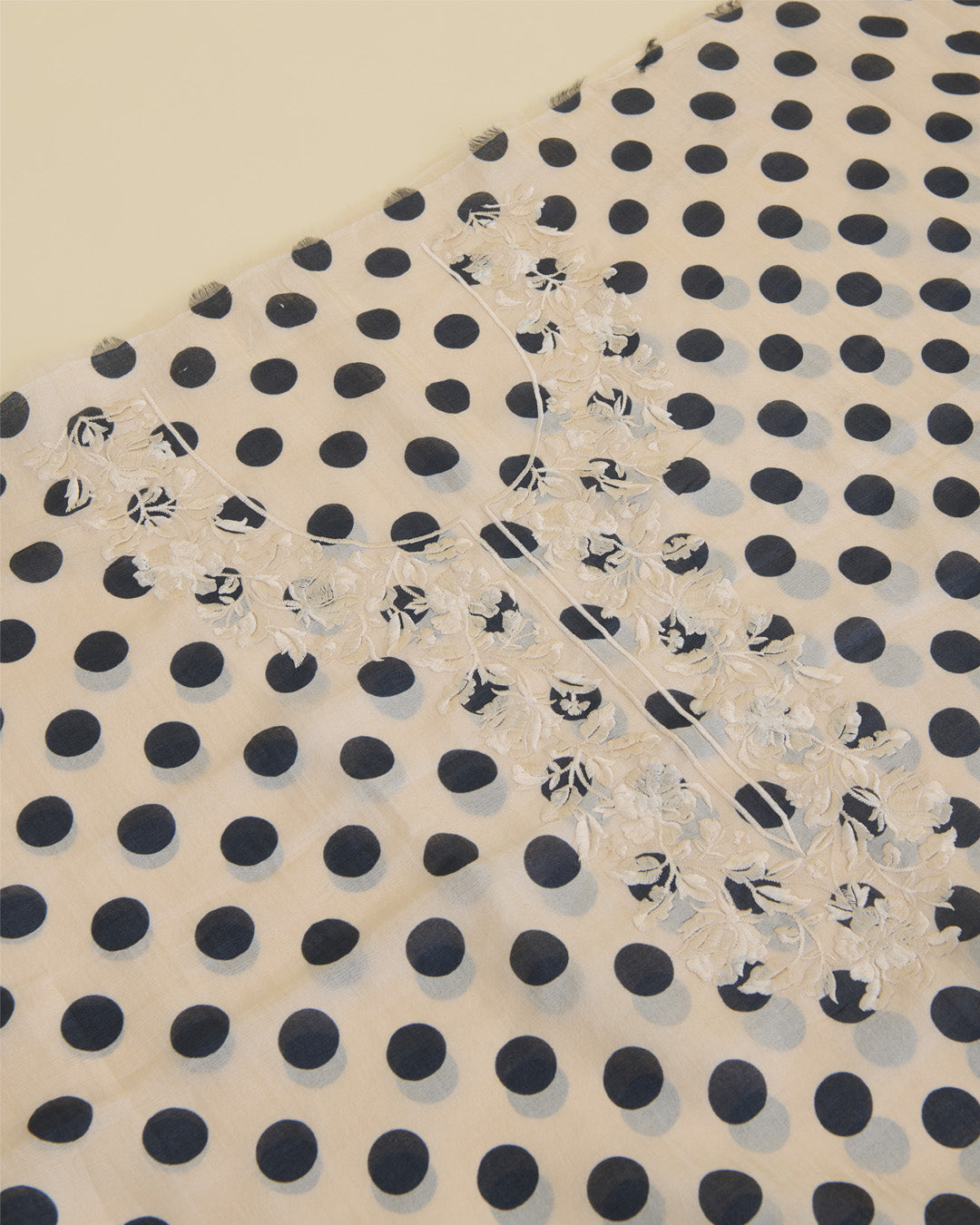 Polka Doted Printed Kurta with Parsi Work Embroidery Cream & Black Suit Piece