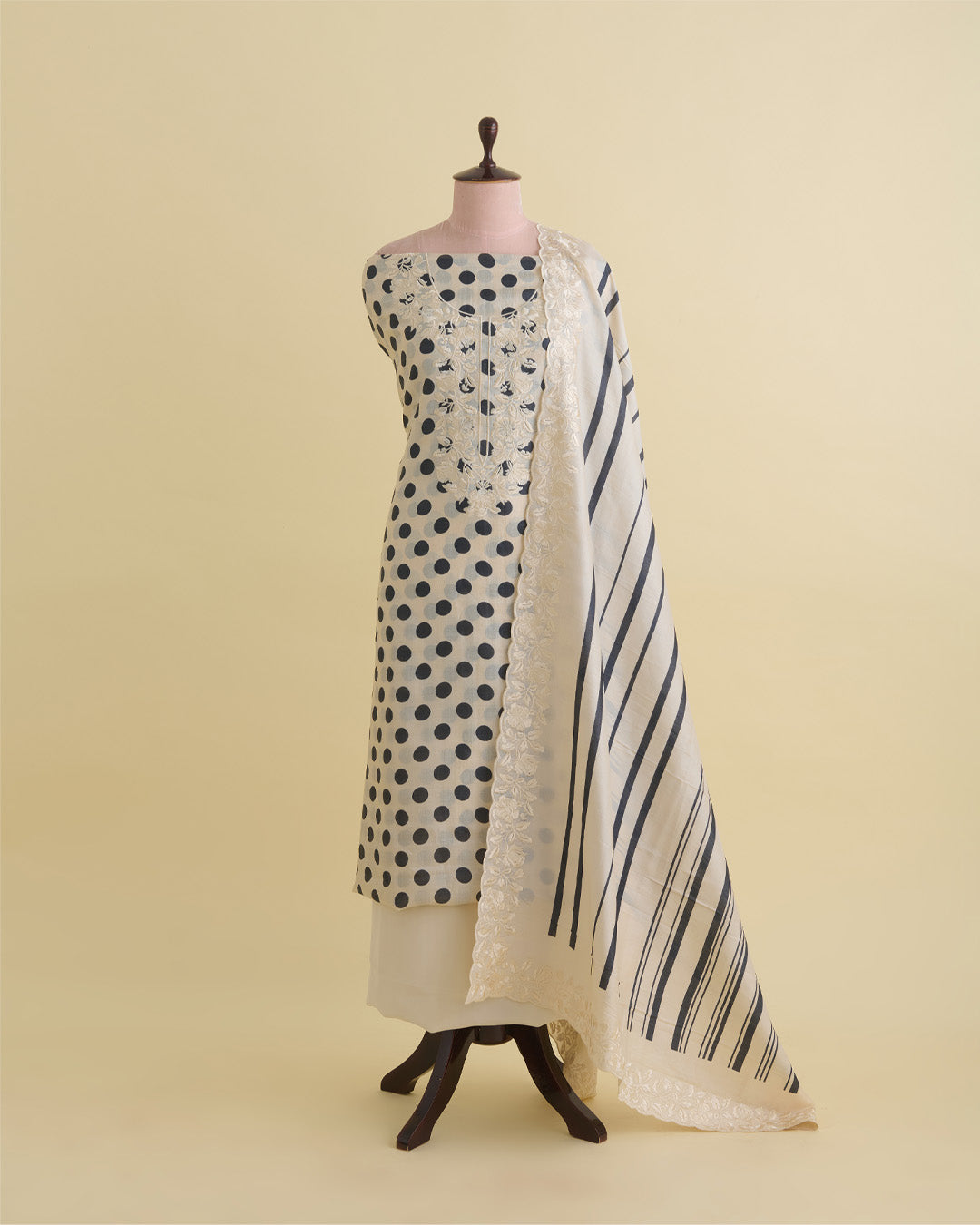 Polka Doted Printed Kurta with Parsi Work Embroidery Cream & Black Suit Piece