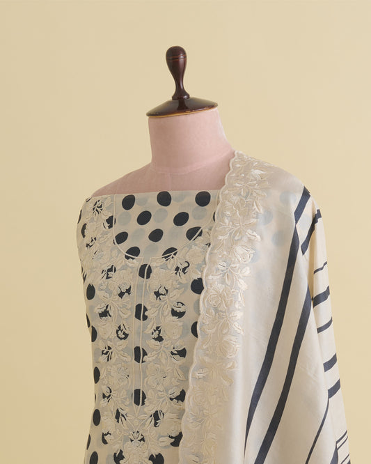 Polka Doted Printed Kurta with Parsi Work Embroidery Cream & Black Suit Piece