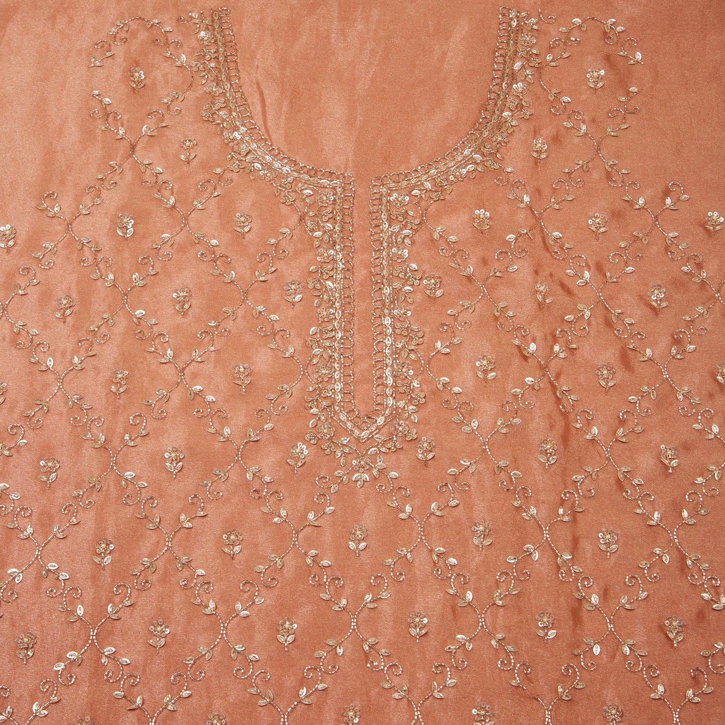 Dusty Peach Silk Tissue Kurta Set with Cutdana & Jaal Print