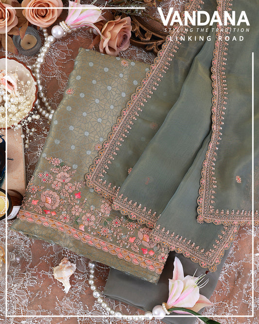 Dusty Grey Tissue Woven Suit with Zardosi Sequin Resham Embroidery Set