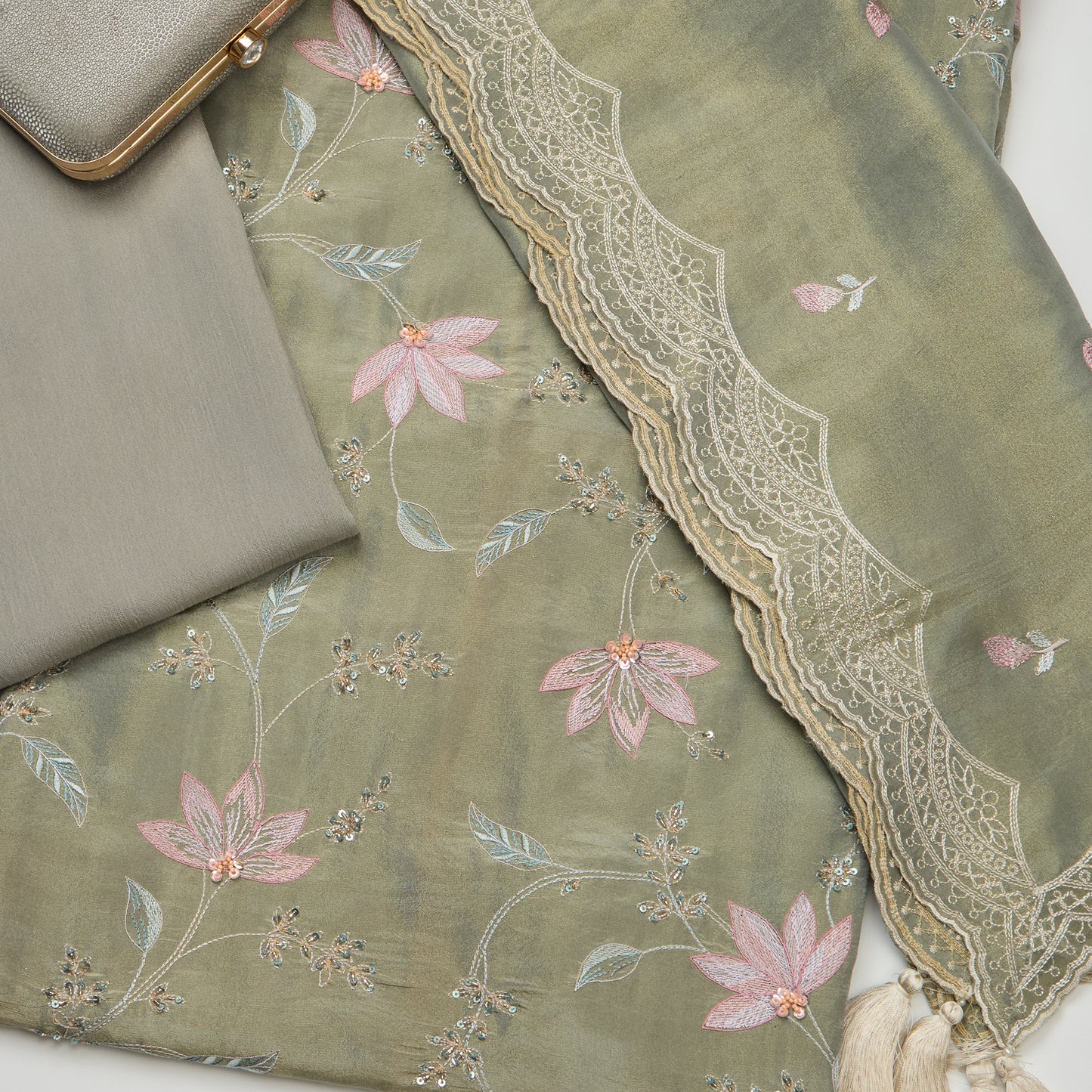 Dusty Green Tissue Kurta Set with Resham & Cutdana Highlights