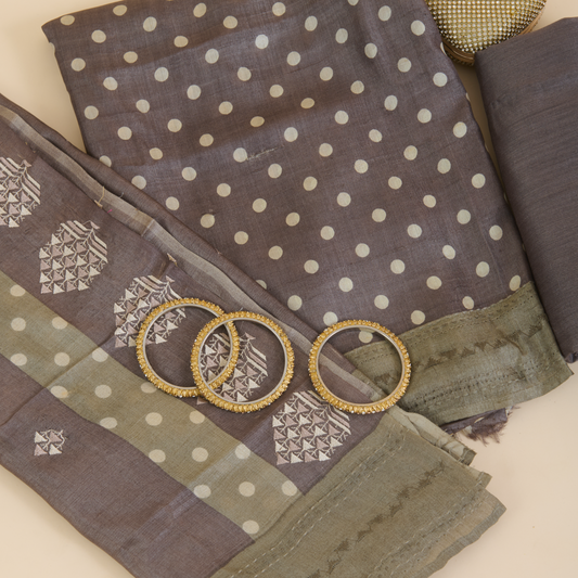 Dark Grey Tussar Silk Printed Kurta with Embroidered Dupatta