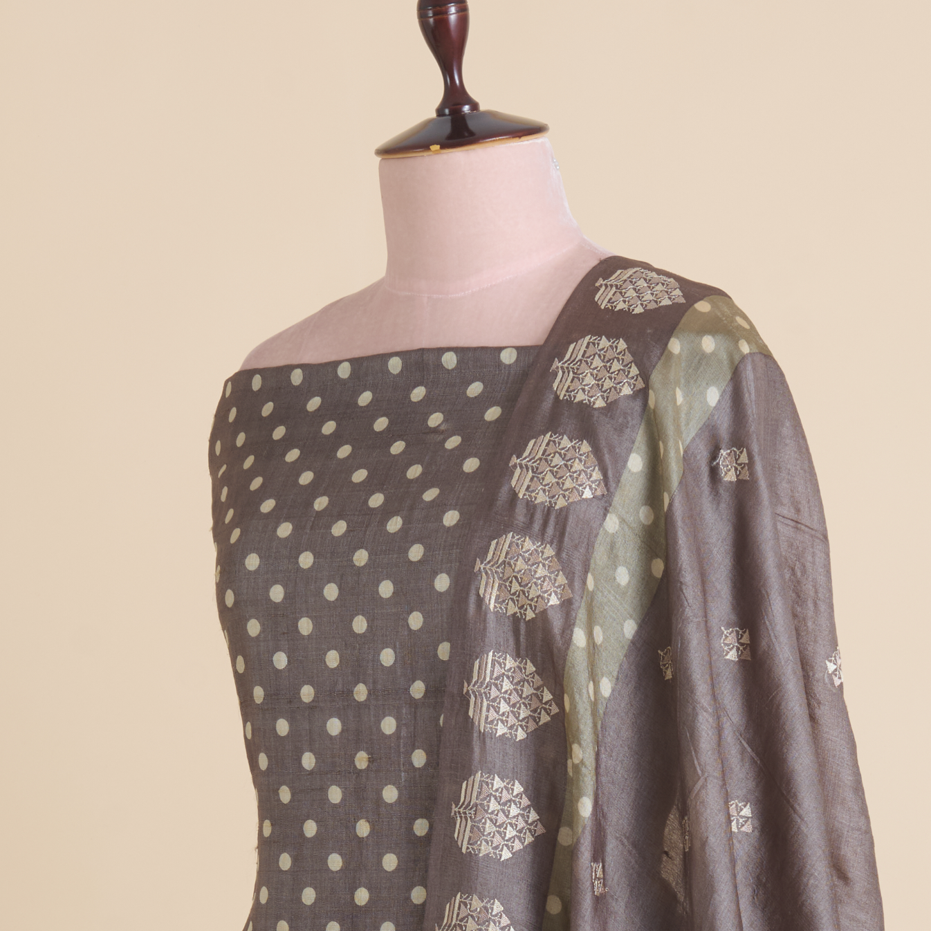 Dark Grey Tussar Silk Printed Kurta with Embroidered Dupatta