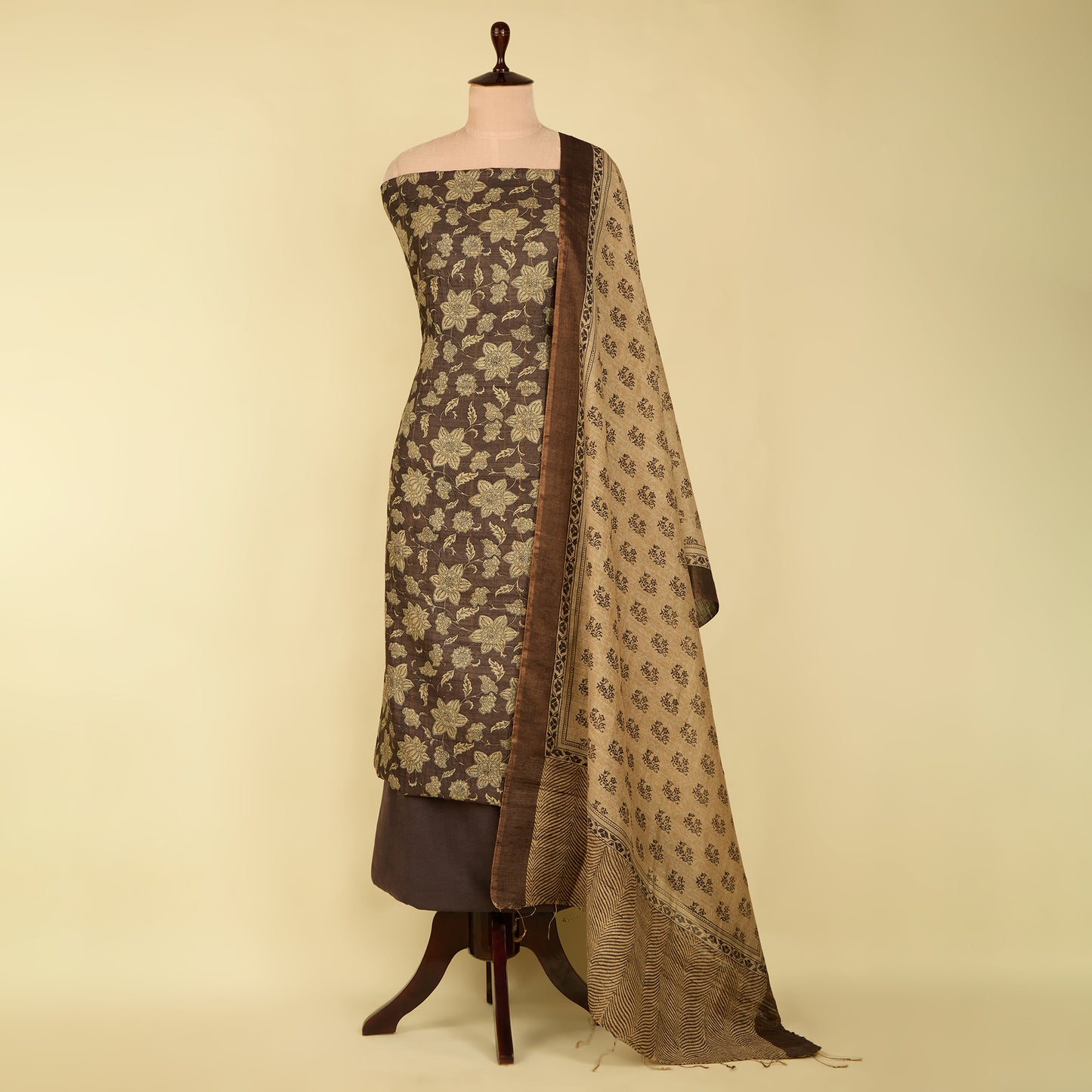 Dusty Grey Tussar Silk Printed Suit with Tussar Silk Dupatta