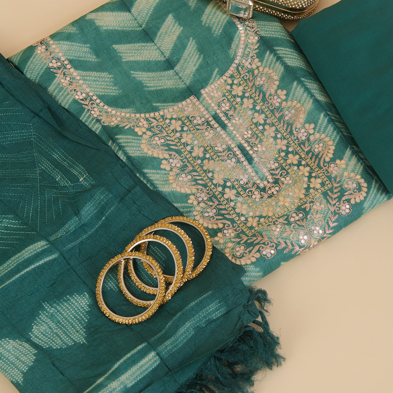 Green Tussar Silk Shibori Suit with Zari & Mirror Work
