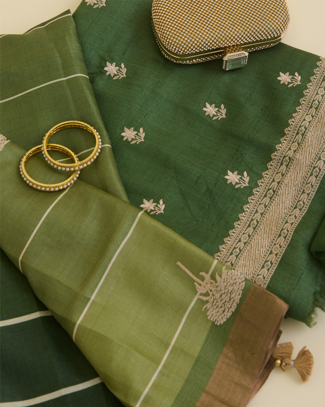 Green Tussar Silk Kurta with Resham & Zari Embroidery with Dupatta