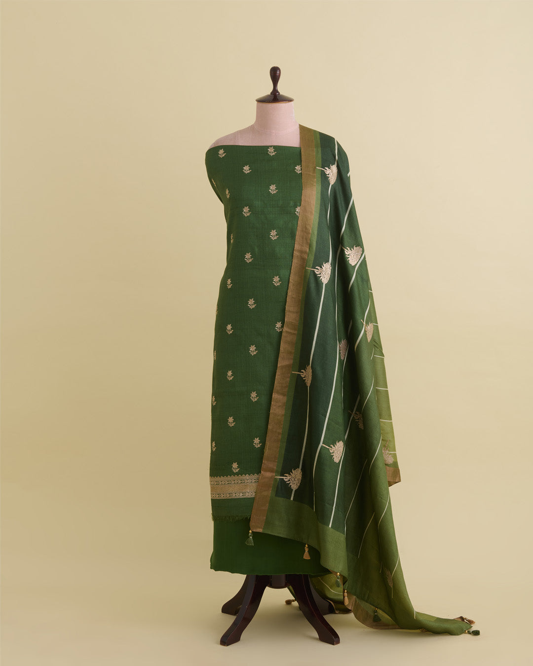 Green Tussar Silk Kurta with Resham & Zari Embroidery with Dupatta