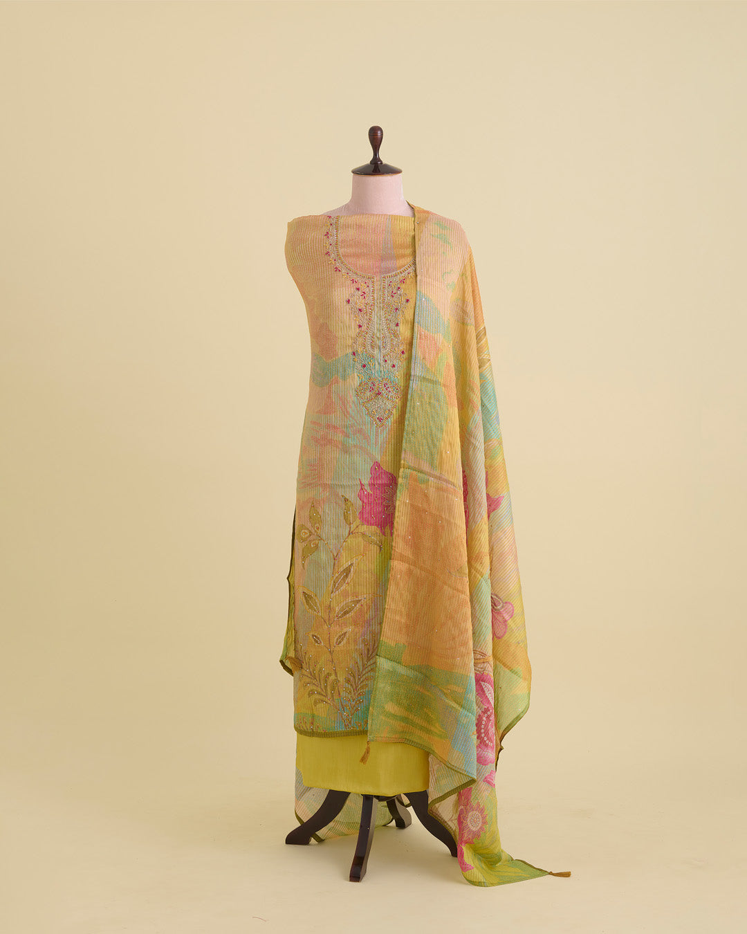 Multi Colour Printed Tissue Kurta with Zardosi & Sequin Embroidery