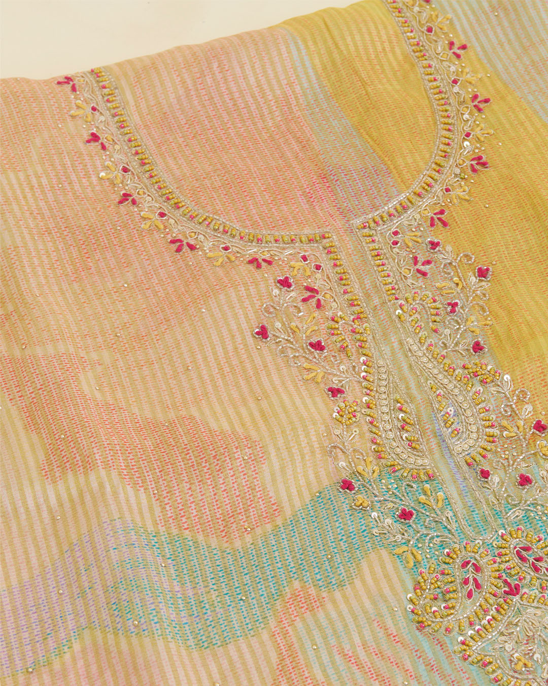 Multi Colour Printed Tissue Kurta with Zardosi & Sequin Embroidery