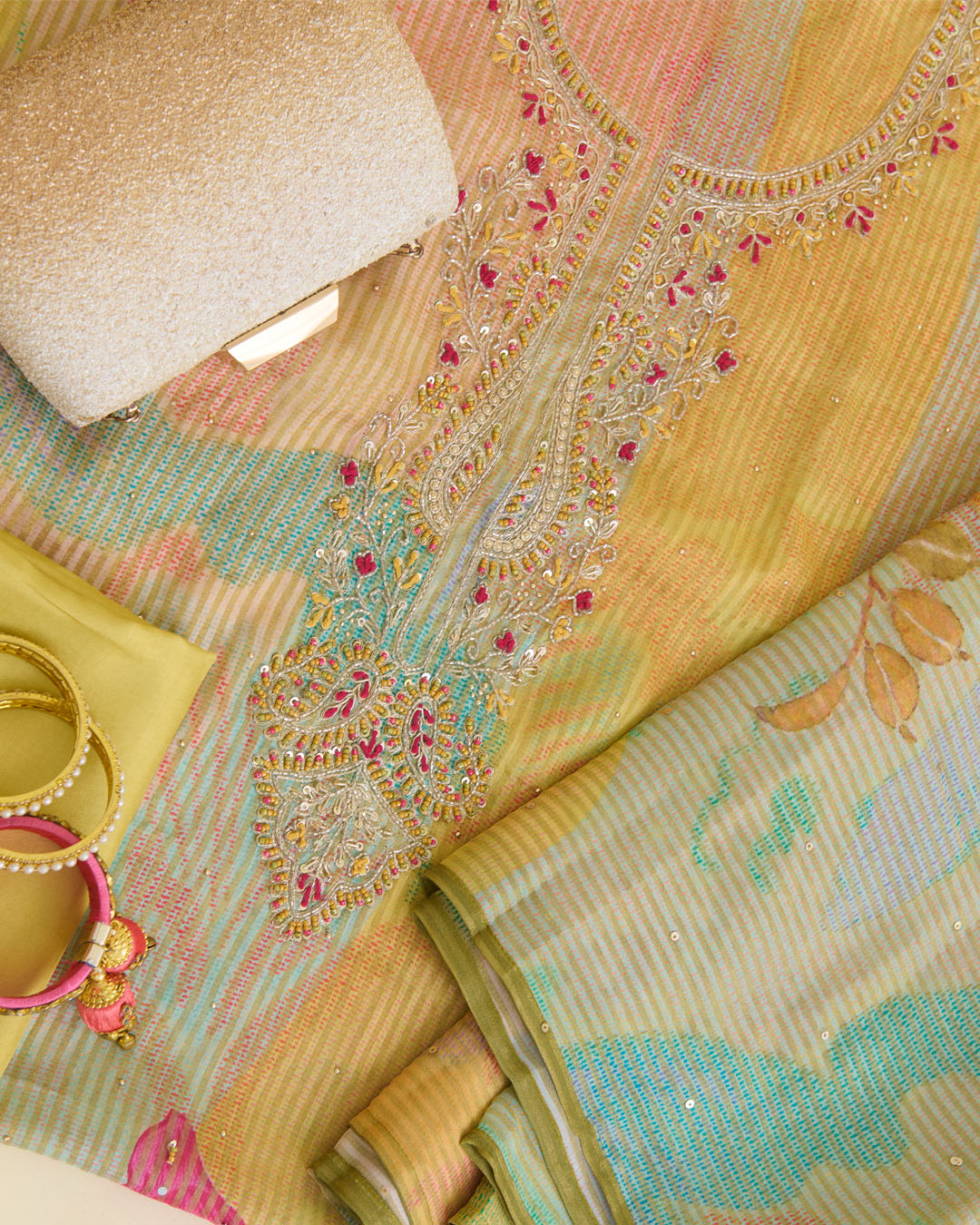 Multi Colour Printed Tissue Kurta with Zardosi & Sequin Embroidery