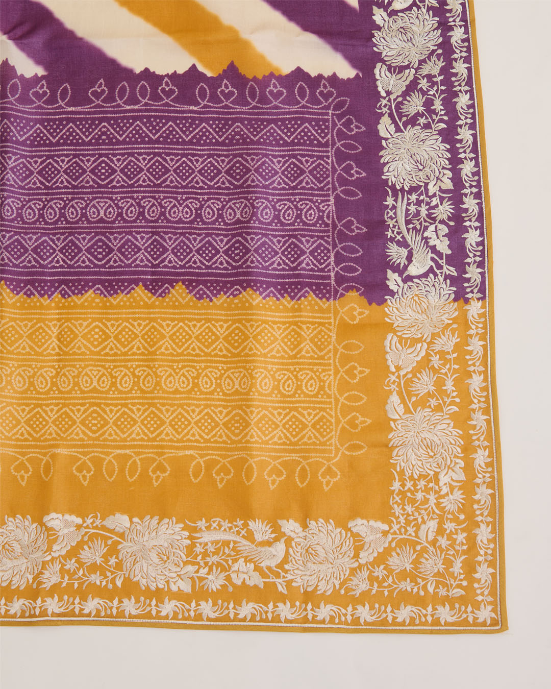 Ochre Yellow Tussar Silk Patola Kurta with Parsi Embroidery and Bandhej Dupatta