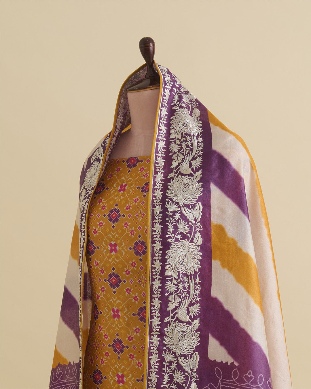 Ochre Yellow Tussar Silk Patola Kurta with Parsi Embroidery and Bandhej Dupatta