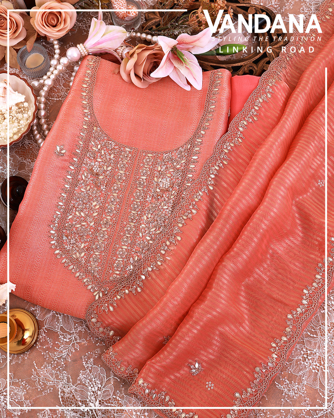 Peach Tissue Woven Suit with Embroidered Dupatta & Crepe Bottom