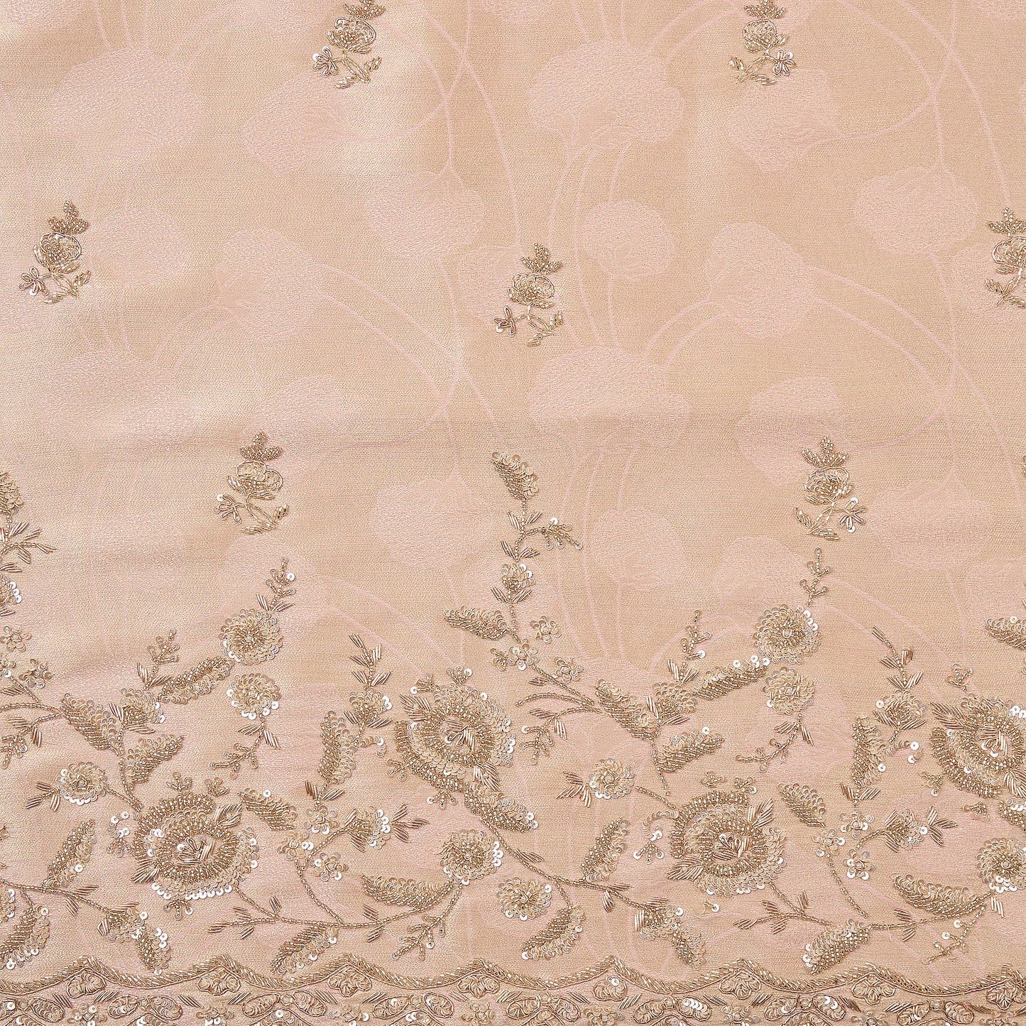 Peach Tissue Woven Kurta Set with Cutdana & Pearl Embroidery