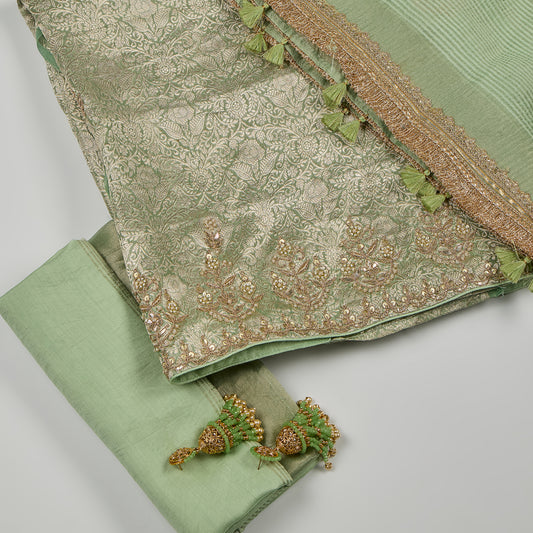 Pista Green Silk Woven Kurta Set with Gota Work