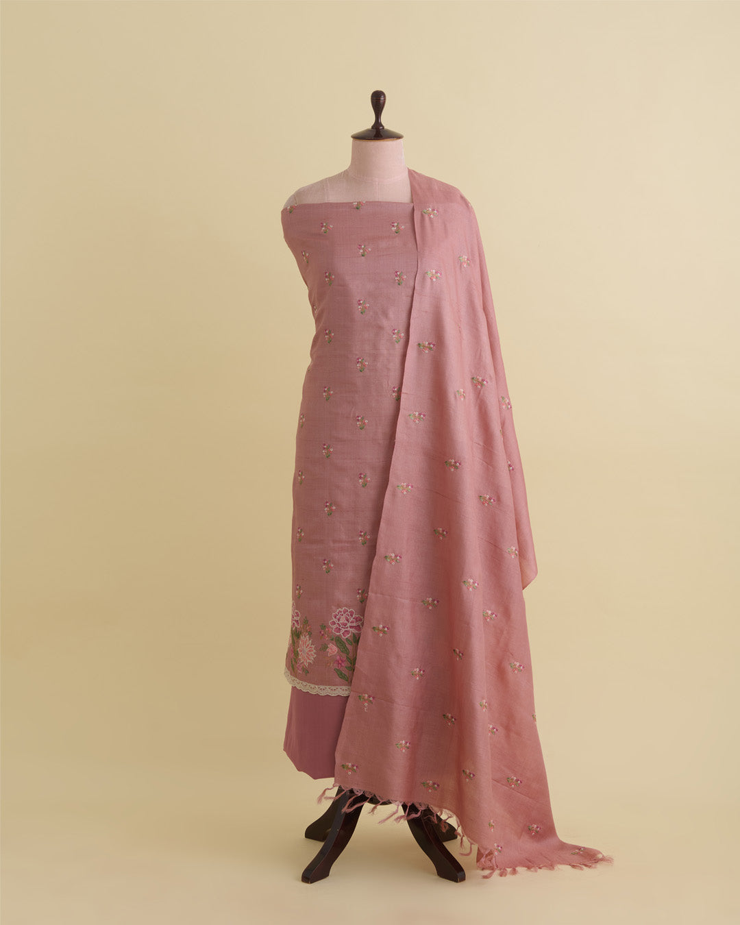 Peach Tussar Silk Kurta with Resham Embroidery & Matching Dupatta Suit Piece