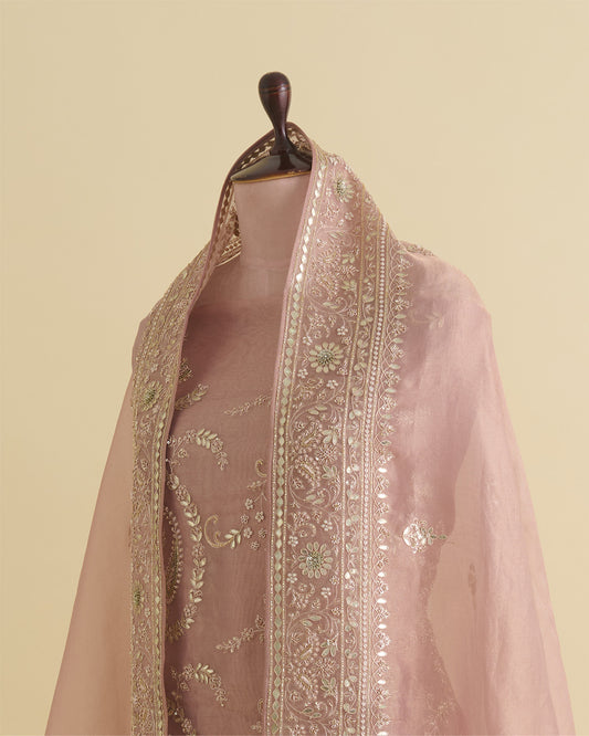 Peach Silk Tissue Kurta Suit Piece with Zardozi, Sequins & Pearl Work