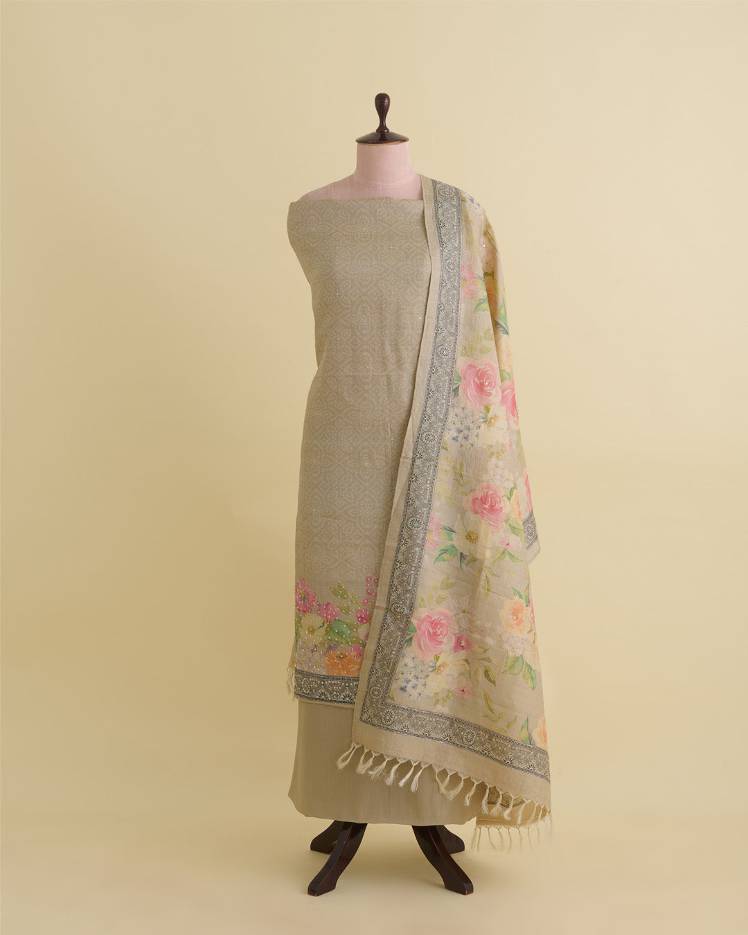 Tussar Silk Digital Printed Kurta Suit Piece with Dupatta & Viscose Crepe Bottom