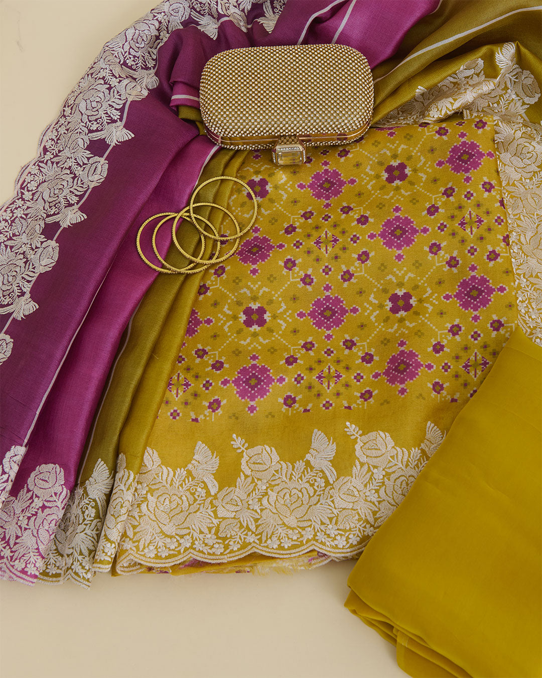 Patola Printed Tussar Silk Suit with Resham & Zari Embroidery Yellow