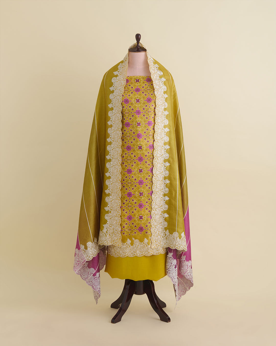 Patola Printed Tussar Silk Suit with Resham & Zari Embroidery Yellow