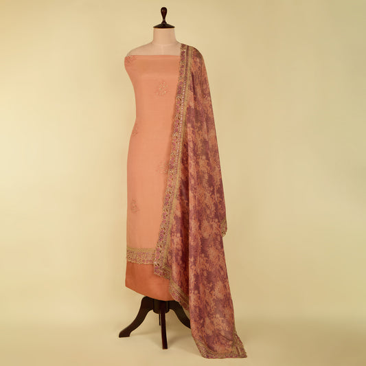 Onion Pink Upada Silk Embroidered Suit with Organza Tissue Dupatta