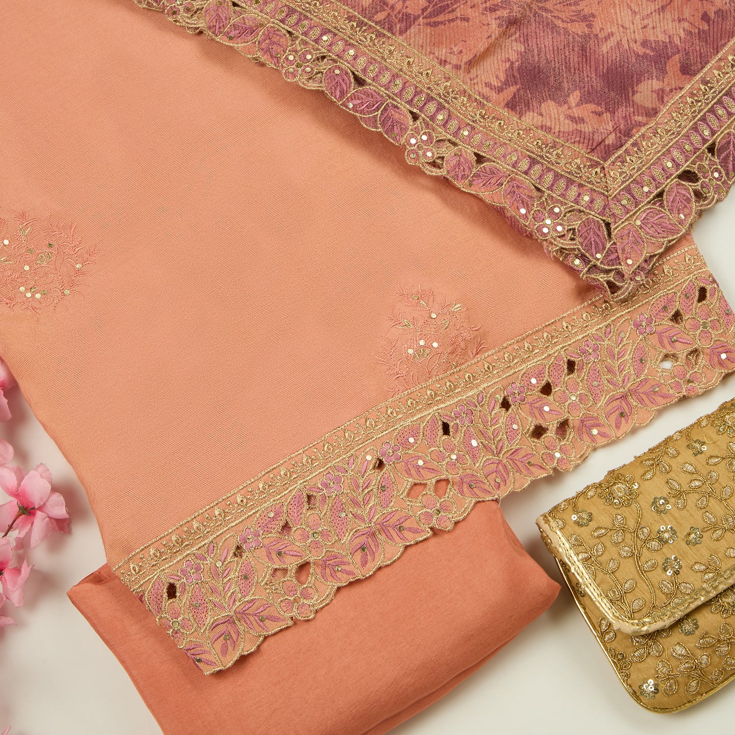 Onion Pink Upada Silk Embroidered Suit with Organza Tissue Dupatta