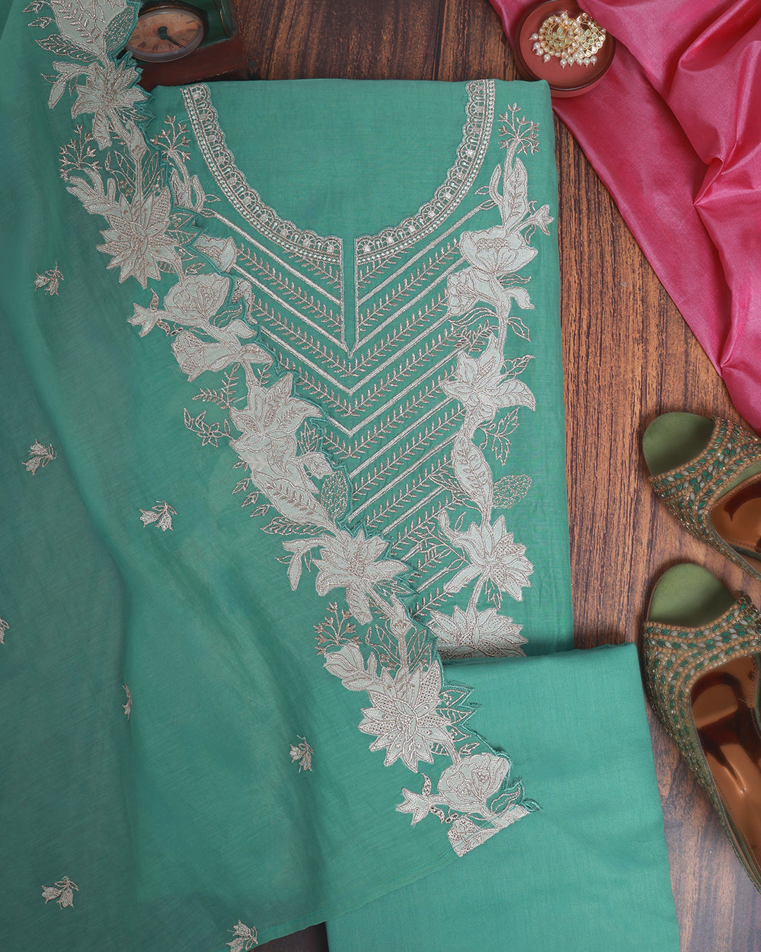 Green Fine Chanderi Suit with Zari Appliqué Embroidery & Dupatta