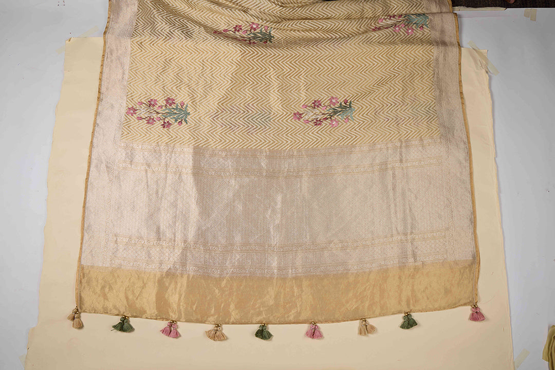 Yellow Silk Tissue Kurta Set with Resham & Zari Embroidery