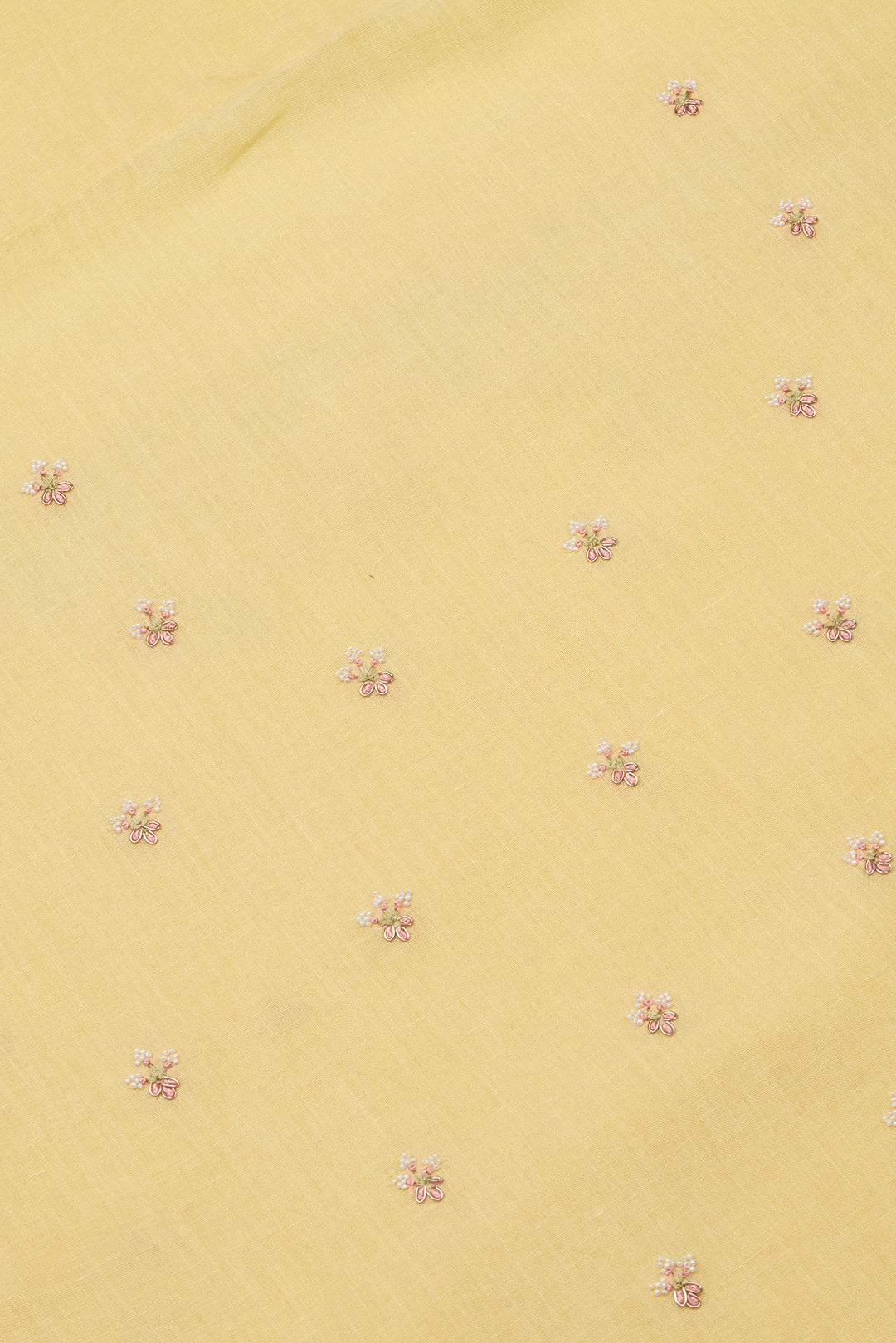 Yellow Linen Kurta Set with French Knot & Pearl Embroidery