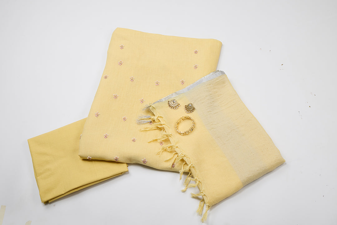 Yellow Linen Kurta Set with French Knot & Pearl Embroidery