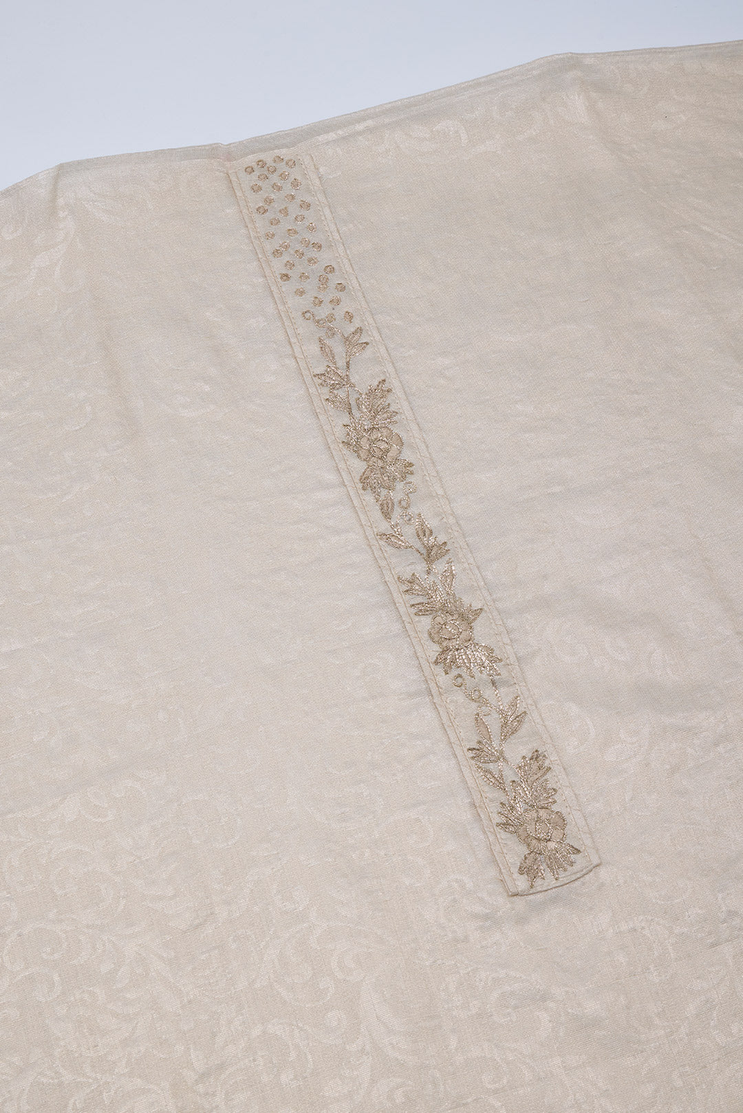 Beige-Gold Chanderi Tissue Kurta Set with Patch & Zari Work