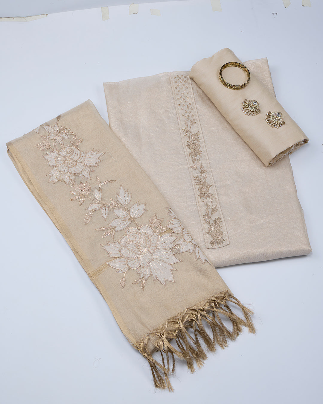 Beige-Gold Chanderi Tissue Kurta Set with Patch & Zari Work