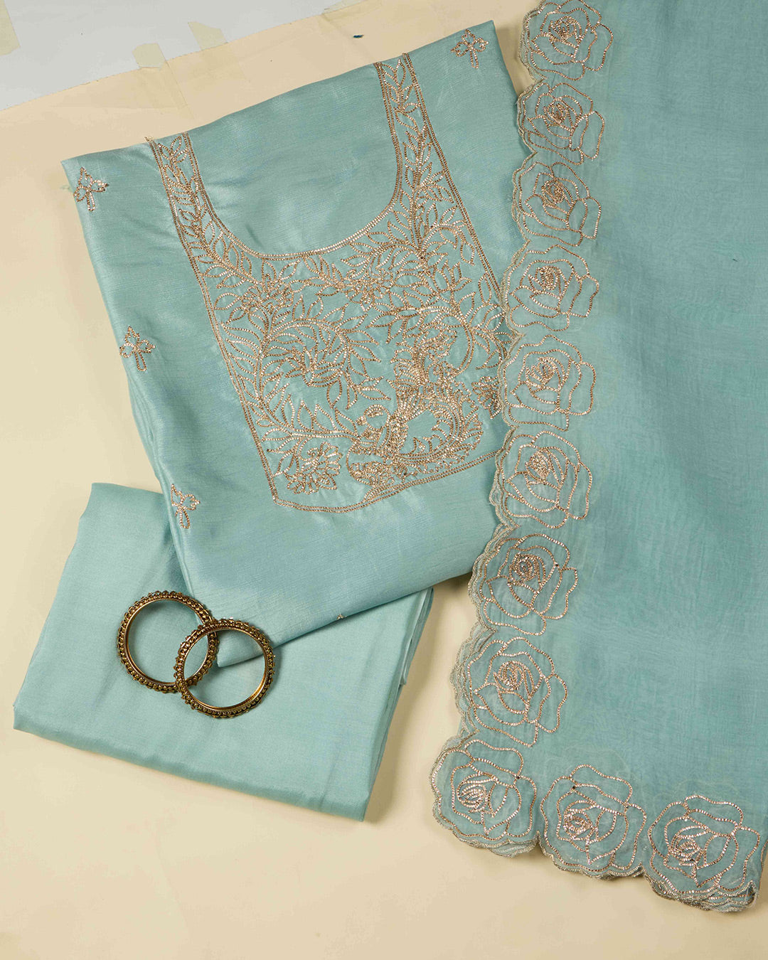Sea Green Art Dupion Kurta Set with Gota Butti Work