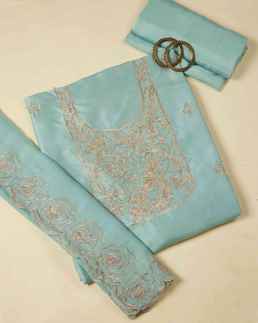 Sea Green Art Dupion Kurta Set with Gota Butti Work