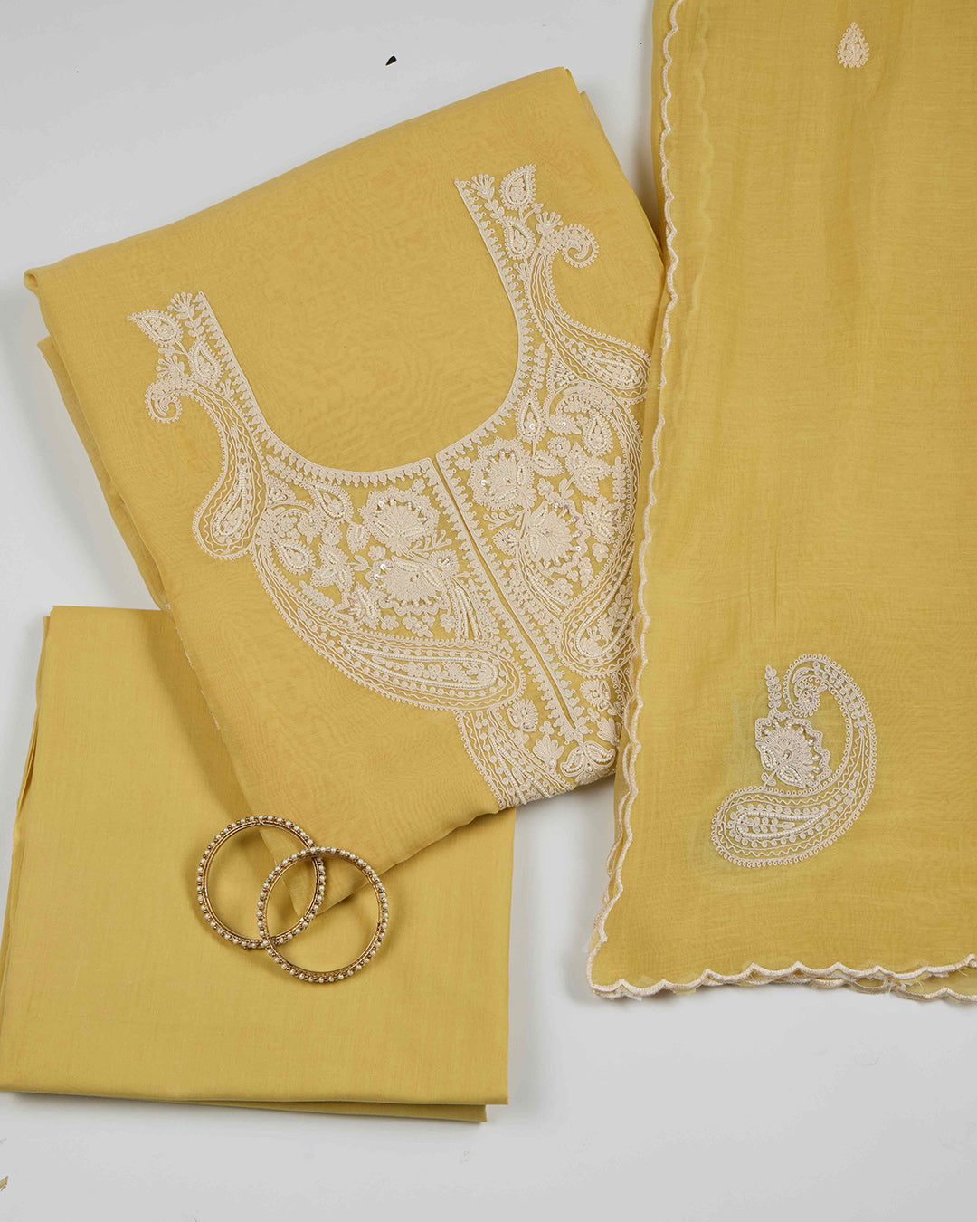 Yellow Chanderi Kurta Set with Dori & Pearl Work