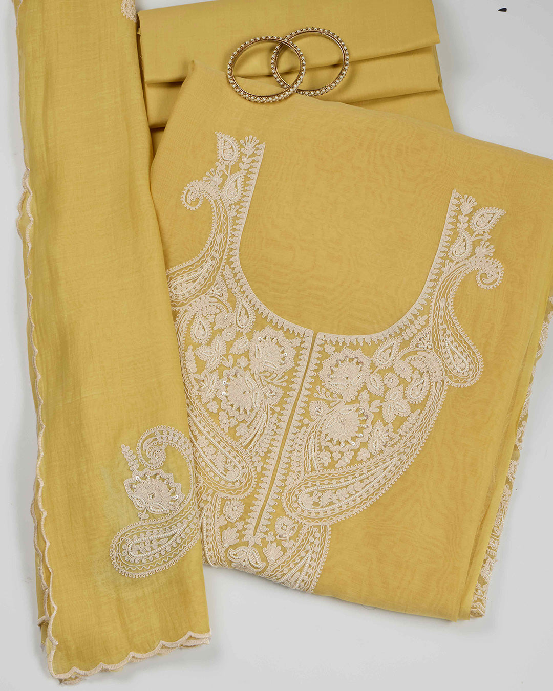 Yellow Chanderi Kurta Set with Dori & Pearl Work