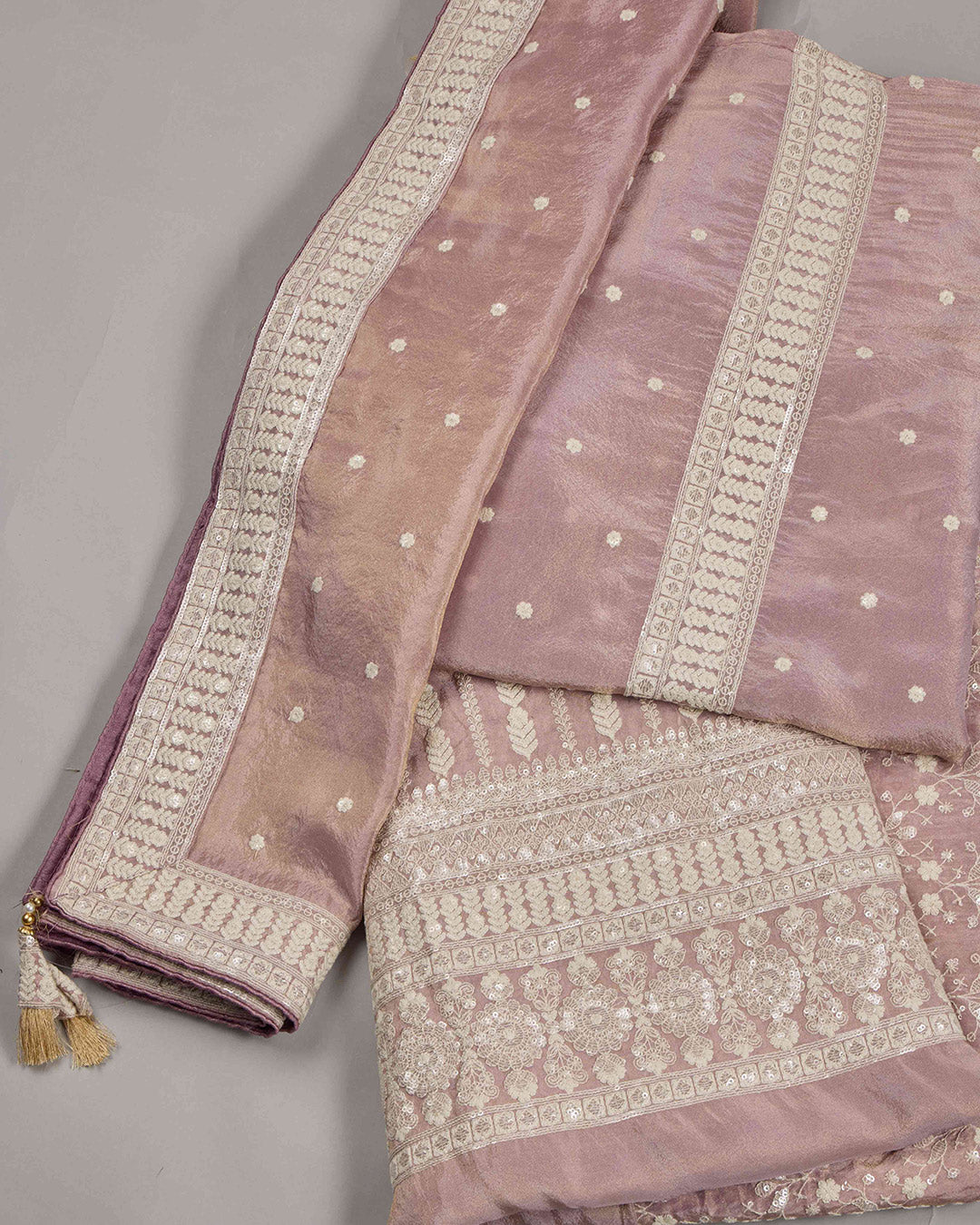 Onion Pink Tissue Kurta Set with Sequin & Jaal Embroidery
