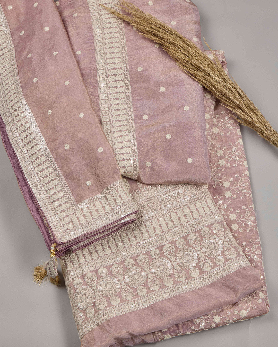 Onion Pink Tissue Kurta Set with Sequin & Jaal Embroidery