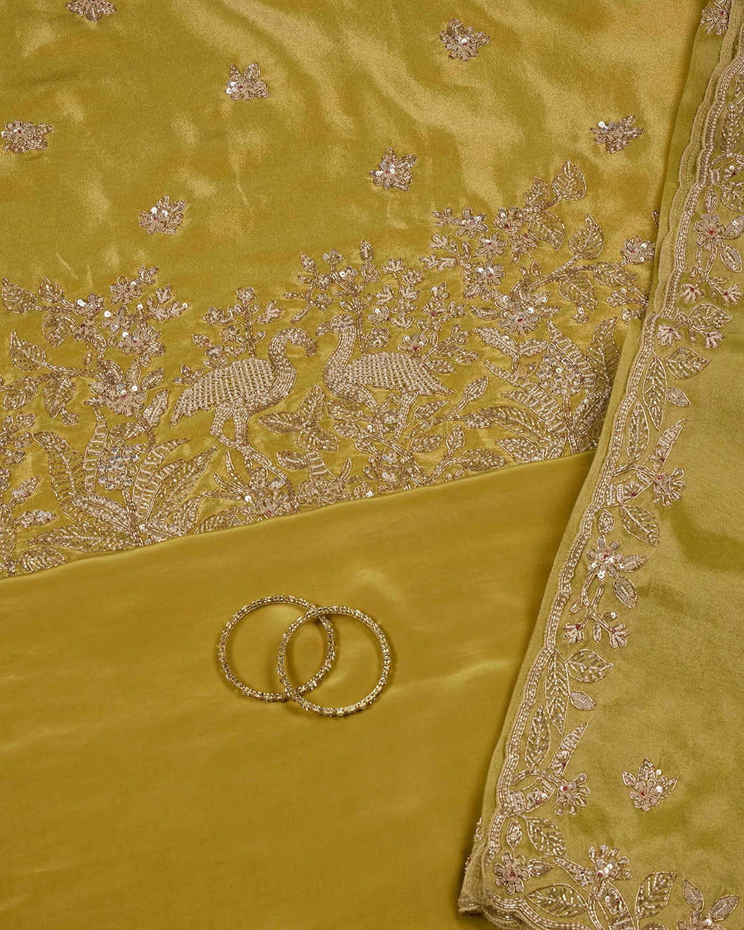 Dusty Yellow Tissue Kurta Set with Zardozi & Cut-Dana Work