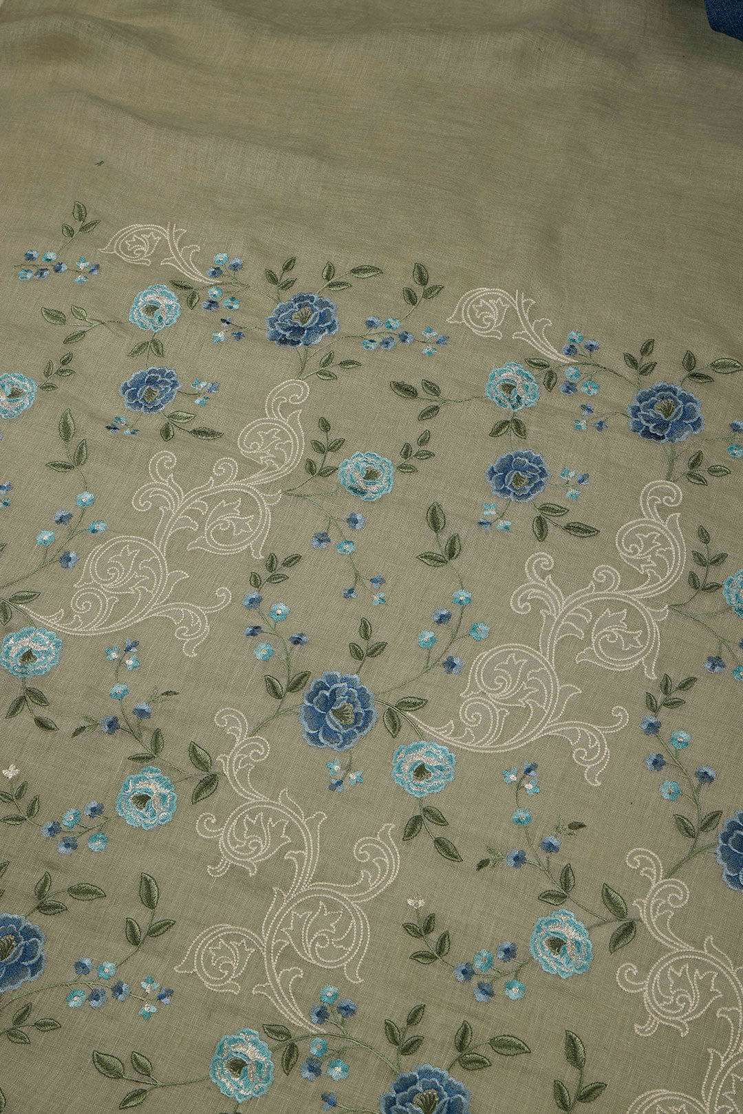 Sage Green Linen Kurta Set with All-Over Resham Embroidery