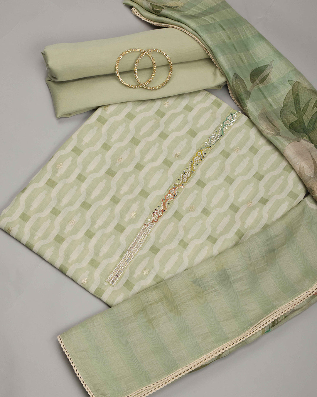 Pista Green Printed Linen Kurta Set with Resham & Sequin Work