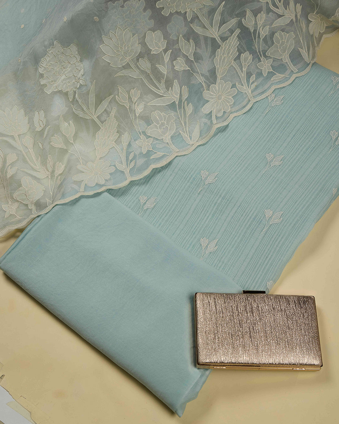 Sea Green Slub Chanderi Kurta Set with Thread Embroidery