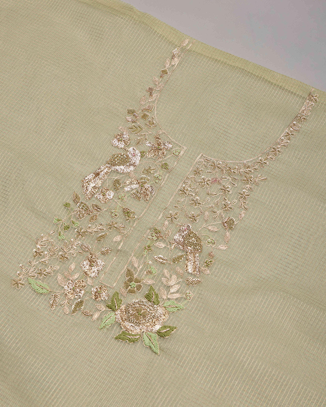 Pista Green Tissue Organza Kurta Set with Zardozi & Resham Work
