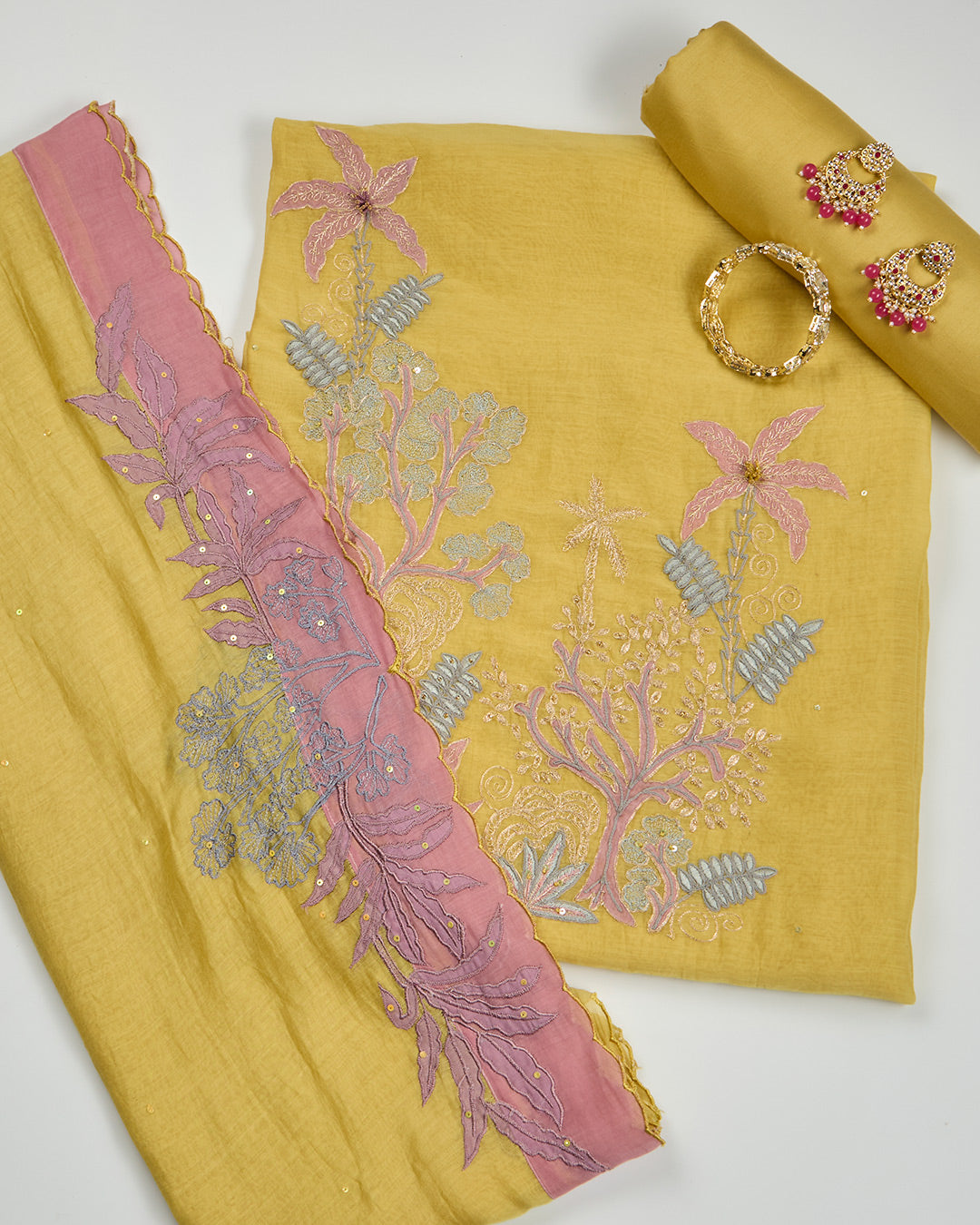 Yellow Chanderi Kurta Set with Zari, Resham & Patch Work