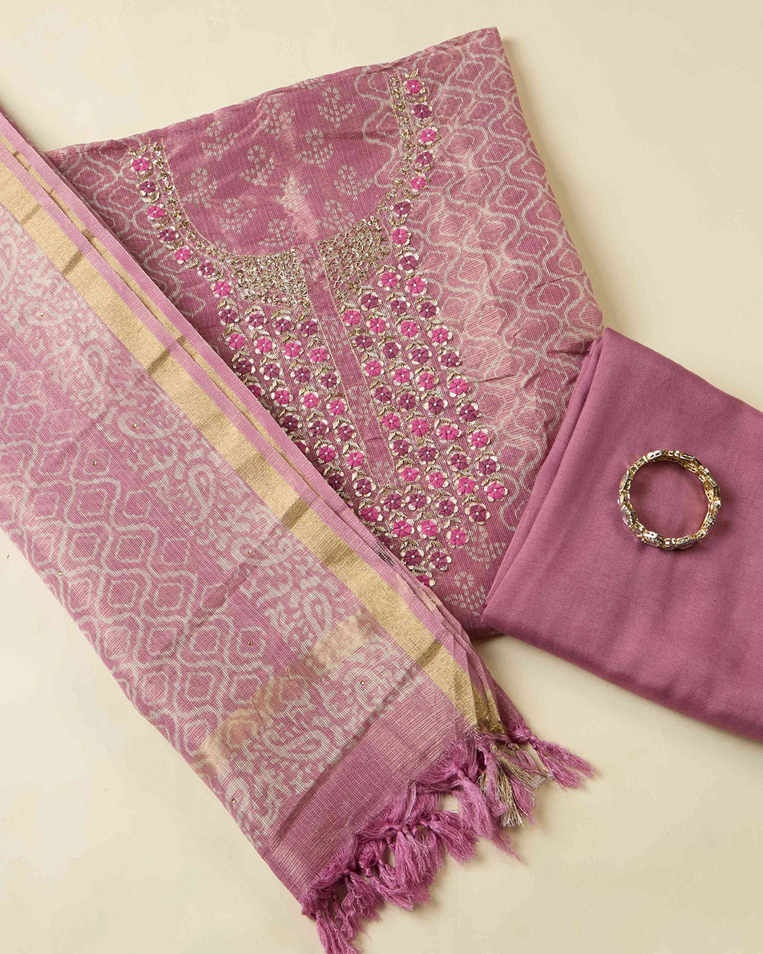 Lilac Tissue Kota Kurta Set with Zardozi & Resham Work